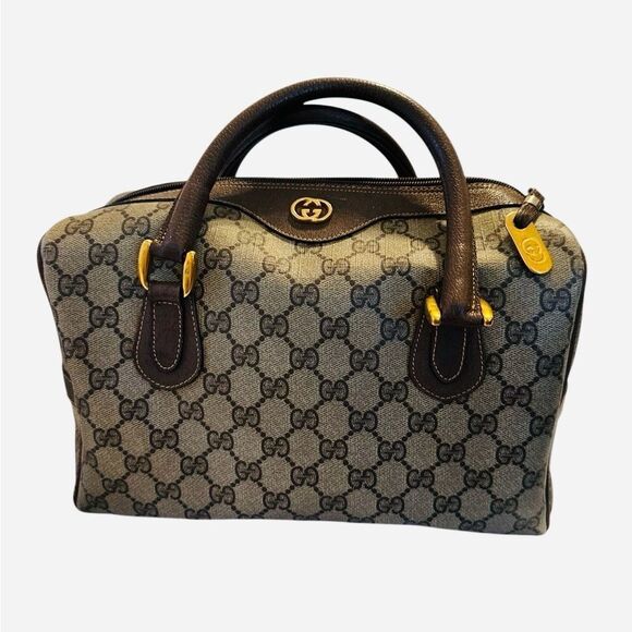 Gucci Brown Leather Satchel with Monogram Canvas - Picture 4 of 16